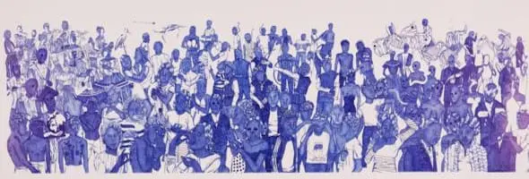 Assunta A.A.M. tell them all about it 2017 , ballpoint-pen on paper 110 x 310 cm