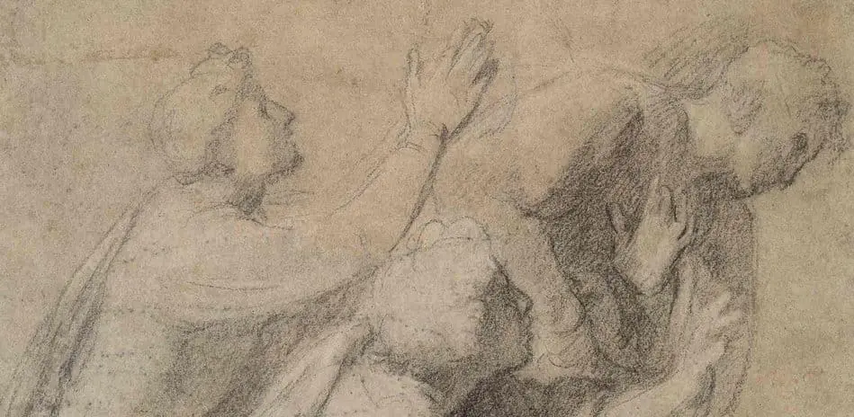 Raffael, Apostelgruppe (Studie zur Marienkrönung von Monteluce), Detail, Schwarzer Stift auf bräunlichem Papier, weiß gehöht, auf Papier © Staatliche Museen zu Berlin, Kupferstichkabinett / Jörg P. Anders