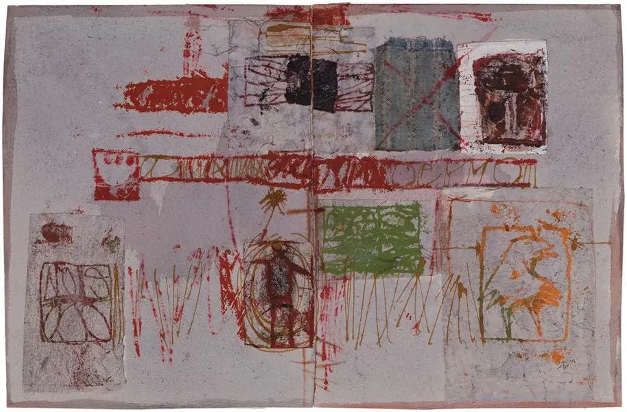 Untitled (C82197), 1982 mixed media collage with fabric, paper, ink and monoprint on two sheets of joined paper 7 1/4 x 11 inches signed