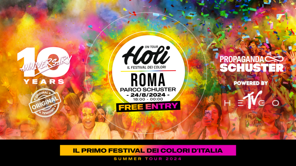 Holi Festival Roma il 24 agosto al Parco Schuster. Un evento gratuito di colori, musica e solidarietà per celebrare 10 anni di successi.