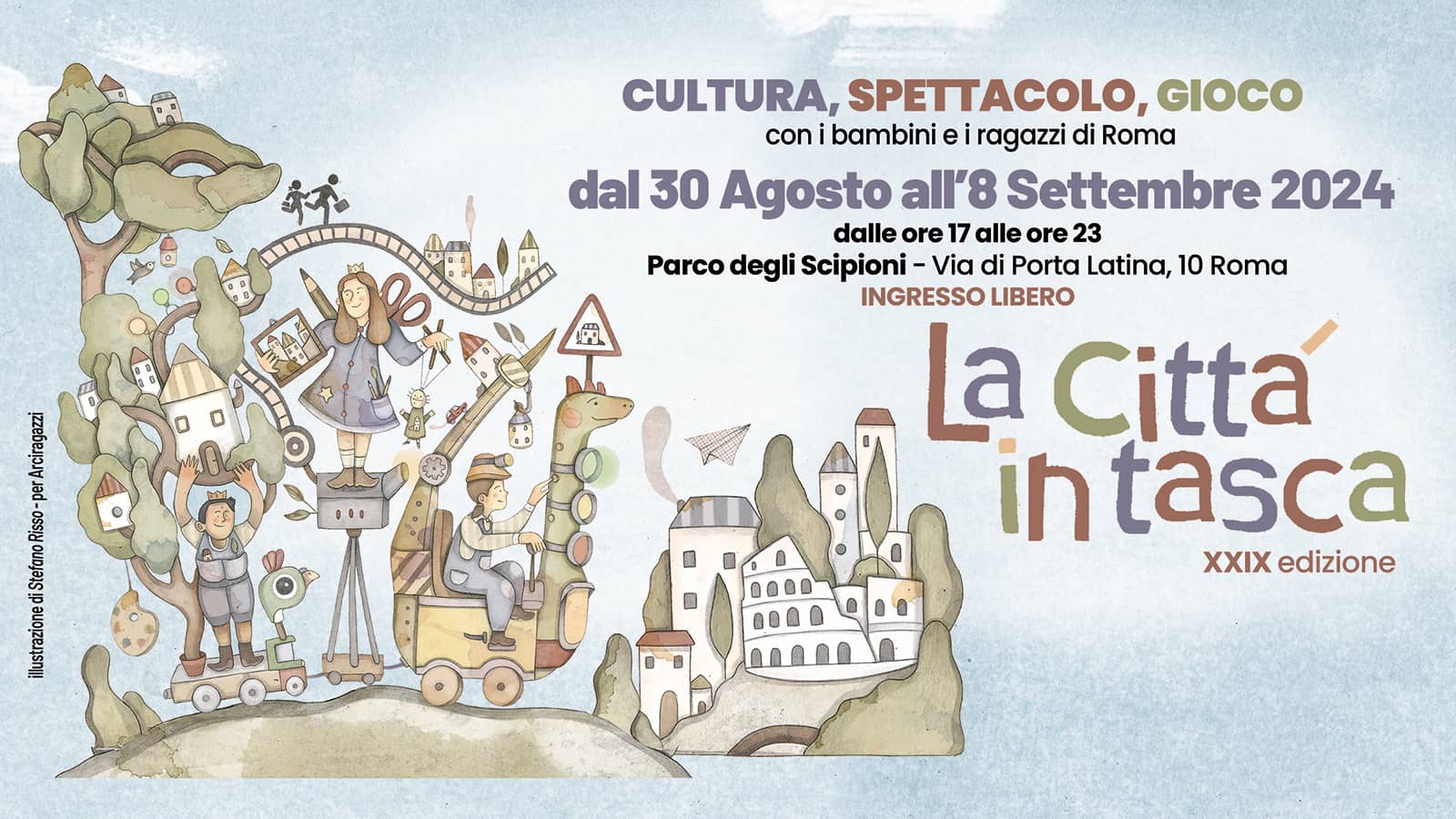 La Città in Tasca 2024 a Roma dal 30 agosto. Un evento imperdibile per bambini e famiglie al Parco degli Scipioni. Laboratori, spettacoli e film gratuiti.